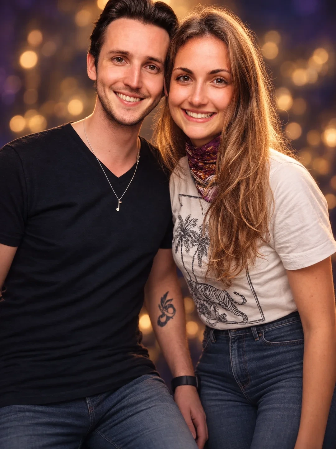 Quentin et Chloé souriants côte à côte, sur un fond de lumières dorées